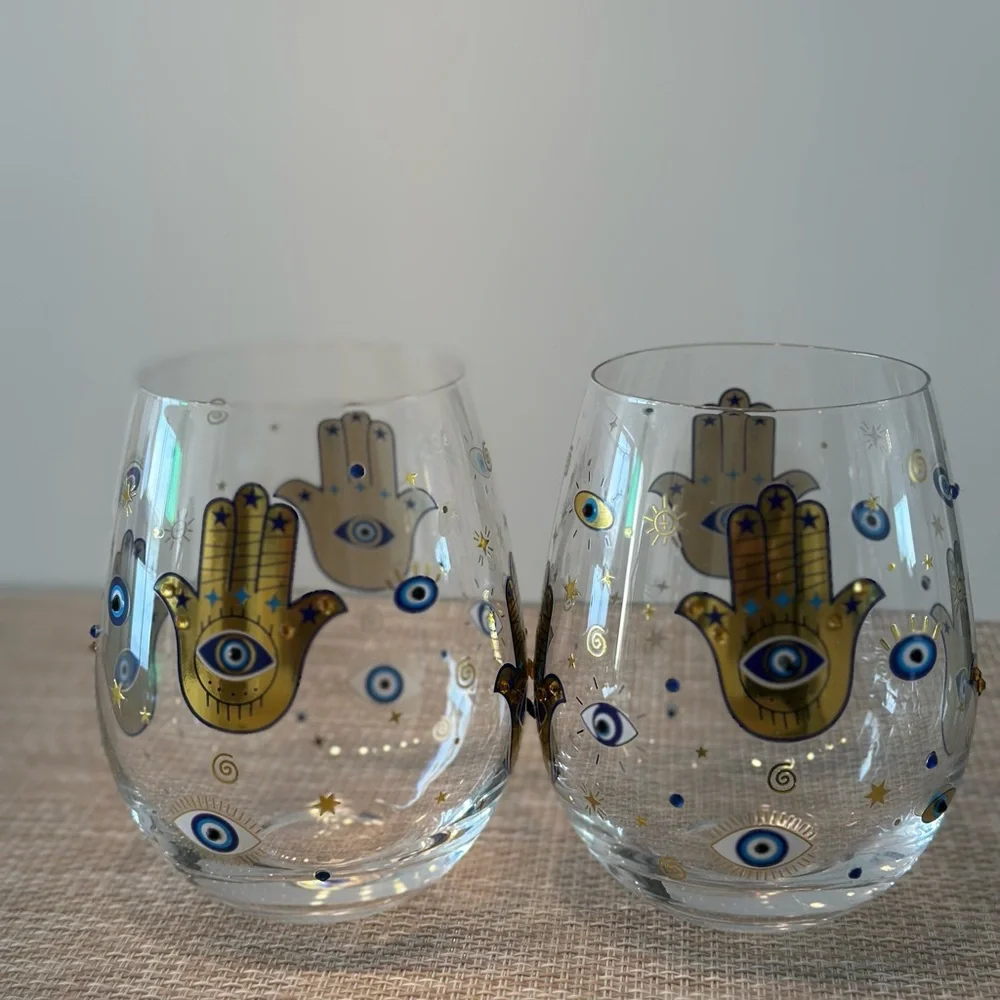 LOVE + LIGHT Wine Glasses Set Of 2 Hamsa Stemless Hamsa Evil Eye Stemless